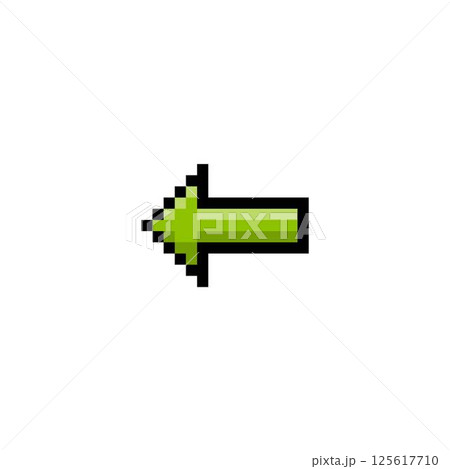 Green arrow black outline, vector pixeled left side direction pointer, retro back button, previous cursor UIUX interface 125617710