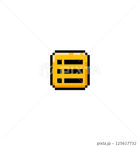 Menu button pixel art vector icon, retro navigation user interface yellow square shape with lines, UI UX search option Menu button pixel art vector icon, retro navigation user interface yellow square shape with lines, UI UX search option 125617732