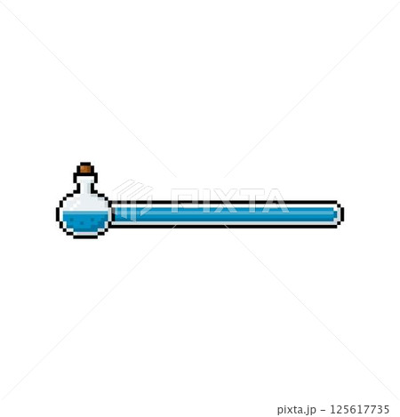 Full blue line progress bar with vial pixel art, vector retro game menu level scale of energy, power, magical ability 125617735