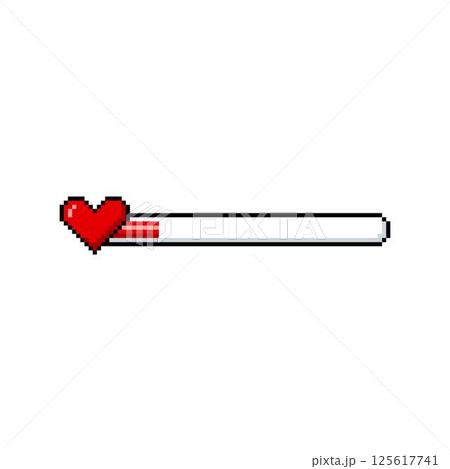 Red heart and line progress bar with one part pixel art, vector retro 8 bit game menu life, energy, health level scale Red heart and line progress bar with one part pixel art, vector retro 8 bit game menu life, energy, health level scale 125617741