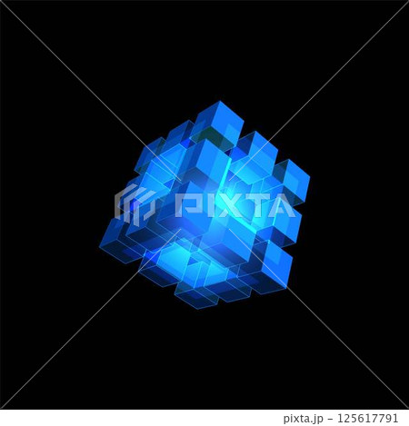 Vector illustration of energy glowing cube with small blocks. Vector illustration of energy glowing cube with small blocks. 125617791