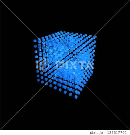 Energy cube made of small glowing blue blocks. Cloud database. 125617792