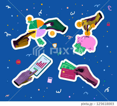 Financial and Banking Services Concept Stickers Set with Human Hands Contemporary Art Collage Elements. Vector illustration of Graphs, Pie Chart and Diagrams 125618003