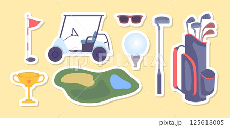 Cartoon Color Different Golf Equipment Stickers Set Sport Concept Flat Design Style. Vector illustration of Player Bag, Putter, Ball, Hole, Course, Gloves, Cup and Car 125618005