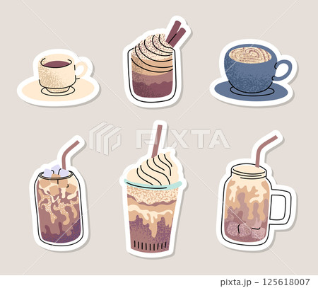 Cartoon Color Different Hot and Cold Coffee Beverage Stickers Set with Line Art Elements. Vector illustration of Americano, Cappuccino and Latte 125618007