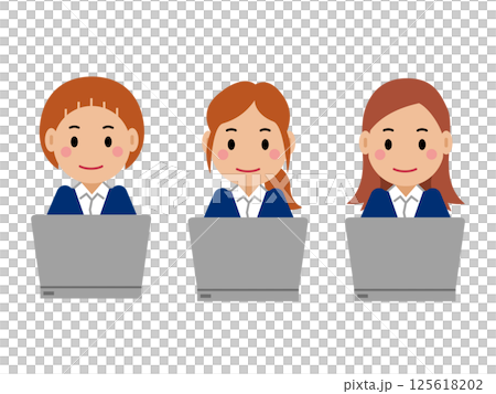 A young woman in a navy blue suit operating a computer. Part 2 125618202