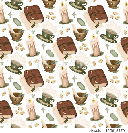 Cottagecore Seamless Pattern with Boho Witchy Elements and Cozy Tea Cottagecore Seamless Pattern with Boho Witchy Elements and Cozy Tea 125618570