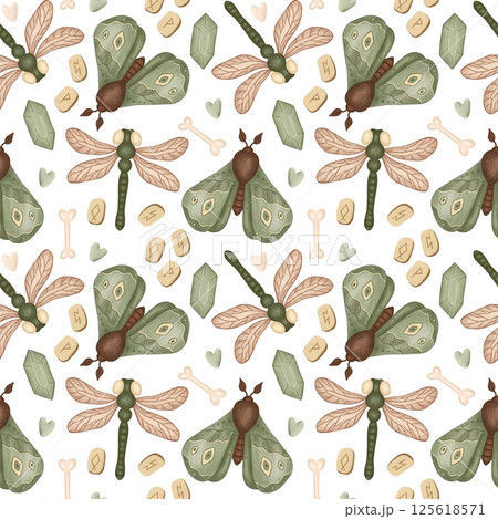 Green Moth and Dragonfly Seamless Pattern in Boho Cottagecore Style 125618571