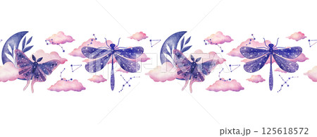 Watercolor Cosmic Moths and Dragonflies Border 125618572