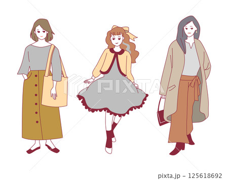 人物イラストセット：おしゃれな女性の全身ポーズ 125618692