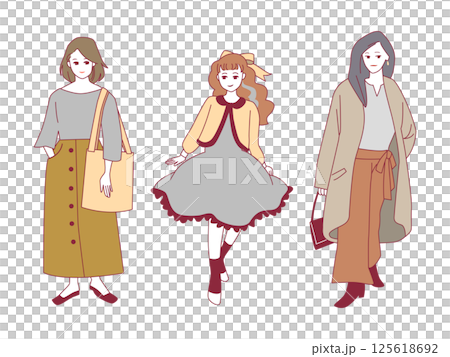 人物イラストセット：おしゃれな女性の全身ポーズ 125618692