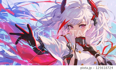 躍動感あふれる白髪の美少女キャラクター・アニメスタイルのファンタジーイラスト 125618724