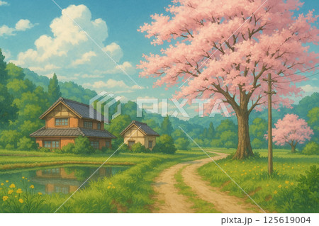 春の田舎町と桜 125619004