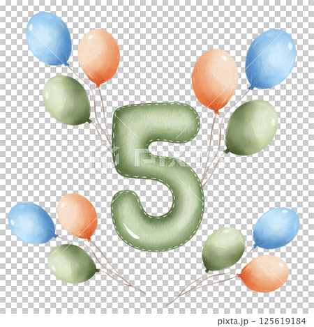 Number 5 with colorful balloons. Watercolor illustration of . Hand-drawn birthday design for children, party decor, festive nursery art, isolated on white background 125619184