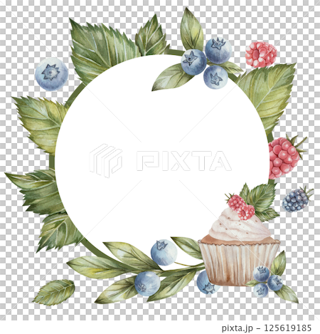 Round frame with green leaves, cupcake with raspberries, blueberries, space for text. charming design is perfect in invitations, cards, recipe templates, birthday announcements, wedding stationery. 125619185