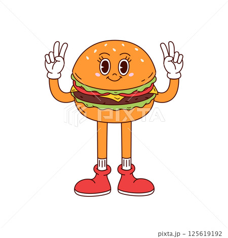 Happy burger character stands with arms raised making peace signs. Hand drawn vector illustration in retro cartoon style. Happy burger character stands with arms raised making peace signs. Hand drawn vector illustration in retro cartoon style. 125619192