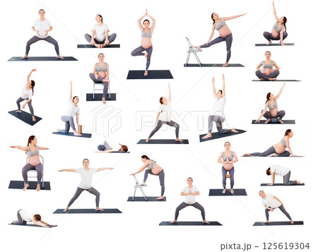 Collage. yoga asanas for pregnant woman. figures on white background Collage. yoga asanas for pregnant woman. figures on white background 125619304