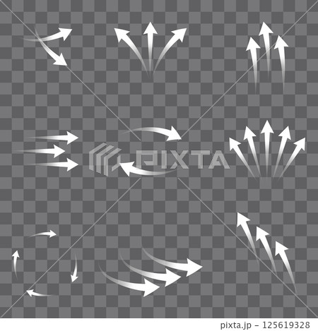 Set of white arrows showing air flow direction, isolated on transparent background. 125619328