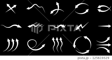 Set of white arrows showing air flow direction, isolated on transparent background. 125619329
