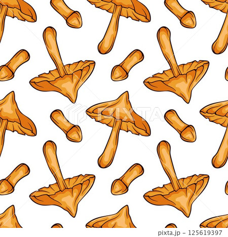 Seamless pattern of mushroom Deadly webcap in cartoon style for textile and decor. Decorative backdrop for wallpaper, wrapping, fabric. Vector illustration on a white background. 125619397