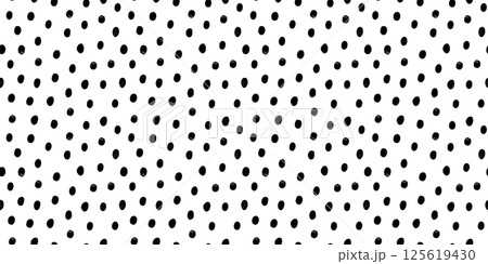 Polka dot horizontal seamless pattern in black and white. Hand drawn vector design with rough inked dots and grungy texture. Perfect for print, fabric, or packaging. To use, drag into swatches panel. 125619430