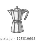 Vintage hand drawn moka pot in detailed cross-hatching technique. Espresso pot. Iconic italian geyser coffee maker. Kitchen equipment. For cafe menus, packaging, culinary theme. Vector illustration. 125619698