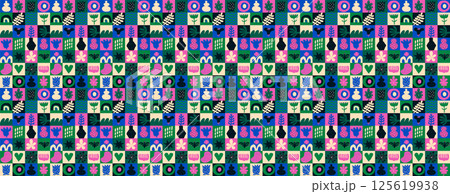 Square grid with color organic shapes and plants in trendy colors. 125619938