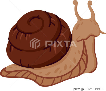 Brown Garden Snail with Spiral Shell and Tentacles Crawling. Hand Drawn Wild Mollusk Isolated Without Background. Adorable Slow Creature for Nature or Animal Designs 125619939