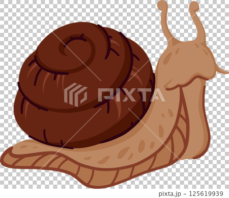 Brown Garden Snail with Spiral Shell and Tentacles Crawling. Hand Drawn Wild Mollusk Isolated Without Background. Adorable Slow Creature for Nature or Animal Designs 125619939