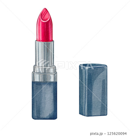 Red lipstick with an open cap. Watercolor illustration of a classic cosmetic product. Decorative cosmetics. Beauty make-up. Perfect for fashion magazines, beauty blogs, packaging and stickers. Red lipstick with an open cap. Watercolor illustration of a classic cosmetic product. Decorative cosmetics. Beauty make-up. Perfect for fashion magazines, beauty blogs, packaging and stickers. 125620094