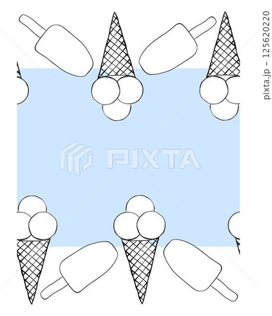 Ice cream frame seamless horizontal border template for text. Vector graphic line ink illustration. Tasty bright ice cream stick and cones for package design, promotion flyer Ice cream frame seamless horizontal border template for text. Vector graphic line ink illustration. Tasty bright ice cream stick and cones for package design, promotion flyer 125620220