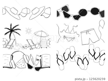 Beach essentials Vector horizontal seamless border set. Vector graphic line ink illustration. for package, vacation design, fabric and textile. logo, web, package, sticker. Beach essentials Vector horizontal seamless border set. Vector graphic line ink illustration. for package, vacation design, fabric and textile. logo, web, package, sticker. 125620239