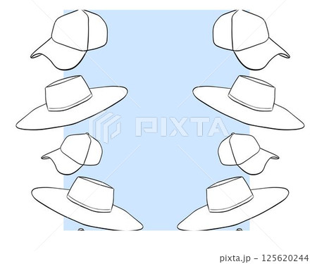 Beach hat cap frame seamless vertical border template for text. Vector graphic line ink illustration. Banner, poster, wrapping paper, sticker, print, modern textile design. 125620244