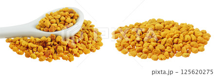 Bee pollen grains in ceramic spoon isolated on white background Bee pollen grains in ceramic spoon isolated on white background 125620275