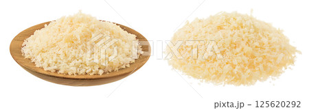 grated parmesan cheese in wooden bowl isolated on white background 125620292