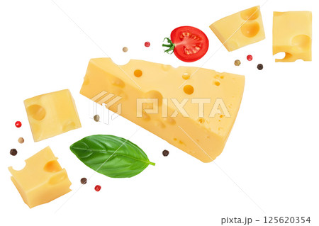 piece of cheese isolated on white background . Top view. Flat lay 125620354