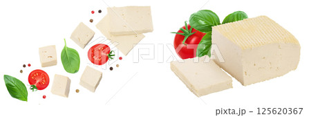 tofu cheese isolated on white background with full depth of field, Top view with copy space for your text. Flat lay tofu cheese isolated on white background with full depth of field, Top view with copy space for your text. Flat lay 125620367