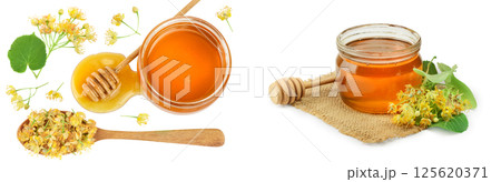 glass jar full of honey and stick isolated on white background 125620371