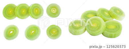 sliced Leek vegetable isolated on white background. Top view. Flat lay 125620373