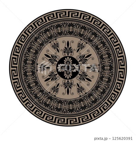 Beautiful round frame golden black arabesques pattern. Golden black plate with greek meander key and floral design. Vintage greek vector frame with arabesques. For round surface, textile, embroidery 125620391