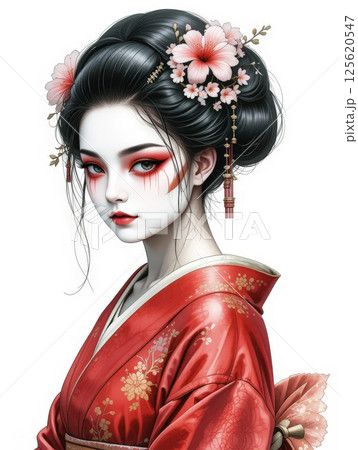 young woman in traditional red kimono with floral decorations, showcasing elegance and cultural beauty young woman in traditional red kimono with floral decorations, showcasing elegance and cultural beauty 125620547