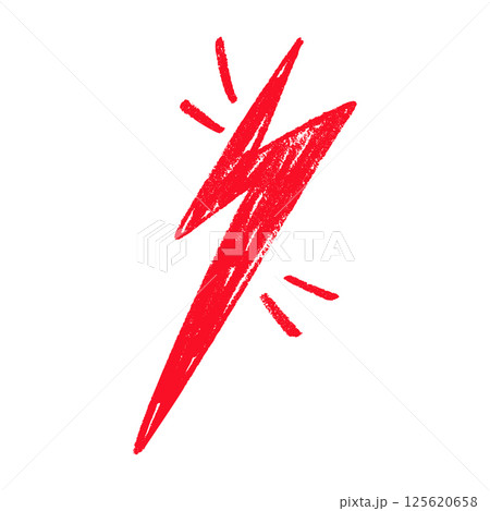 Red Hand draw thunder bolt with zappy doodle lines. Electric lightning flash energy symbol. Flat vector illustration isolated on white background. 125620658