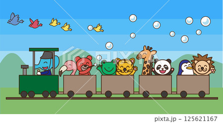 青空の下で動物たちが列車に乗って楽しそうにしているイラスト 125621167