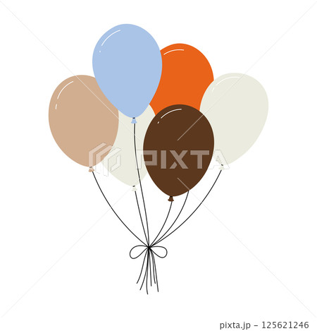 Bundle of colorful balloons with strings, floating party decoration in simple doodle style, birthday celebration icon. Flat vector illustration isolated on white background. 125621246