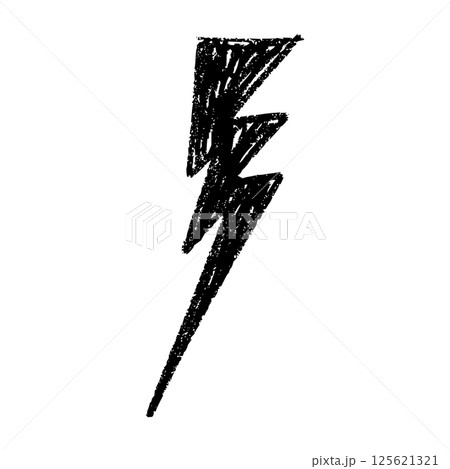 Hand-drawn lightning bolt icon with electric energy effect. Cartoon thunderbolt sketch, power flash symbol or doodle sign. Flat vector illustration isolated on white background. 125621321