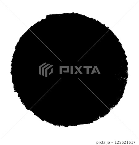 Abstract round brush stroke with rough ink texture and paint splash. Circular stamp shape for graphic design and logos. Flat vector illustration isolated on white background. Abstract round brush stroke with rough ink texture and paint splash. Circular stamp shape for graphic design and logos. Flat vector illustration isolated on white background. 125621617