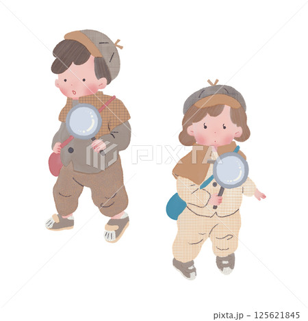 探偵服姿の男の子と女の子のイラスト 125621845