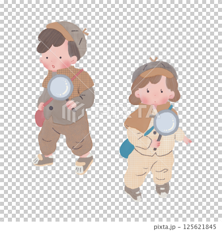 探偵服姿の男の子と女の子のイラスト 125621845