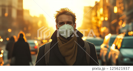 A man wears a mask while living in a pollution-filled city. The concept of air pollution, urban environmental issues, and health protection. Generative AI. 125621937