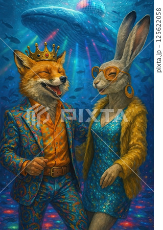fox and rabbit dancing in the disco club funky music of the seventies 125622058